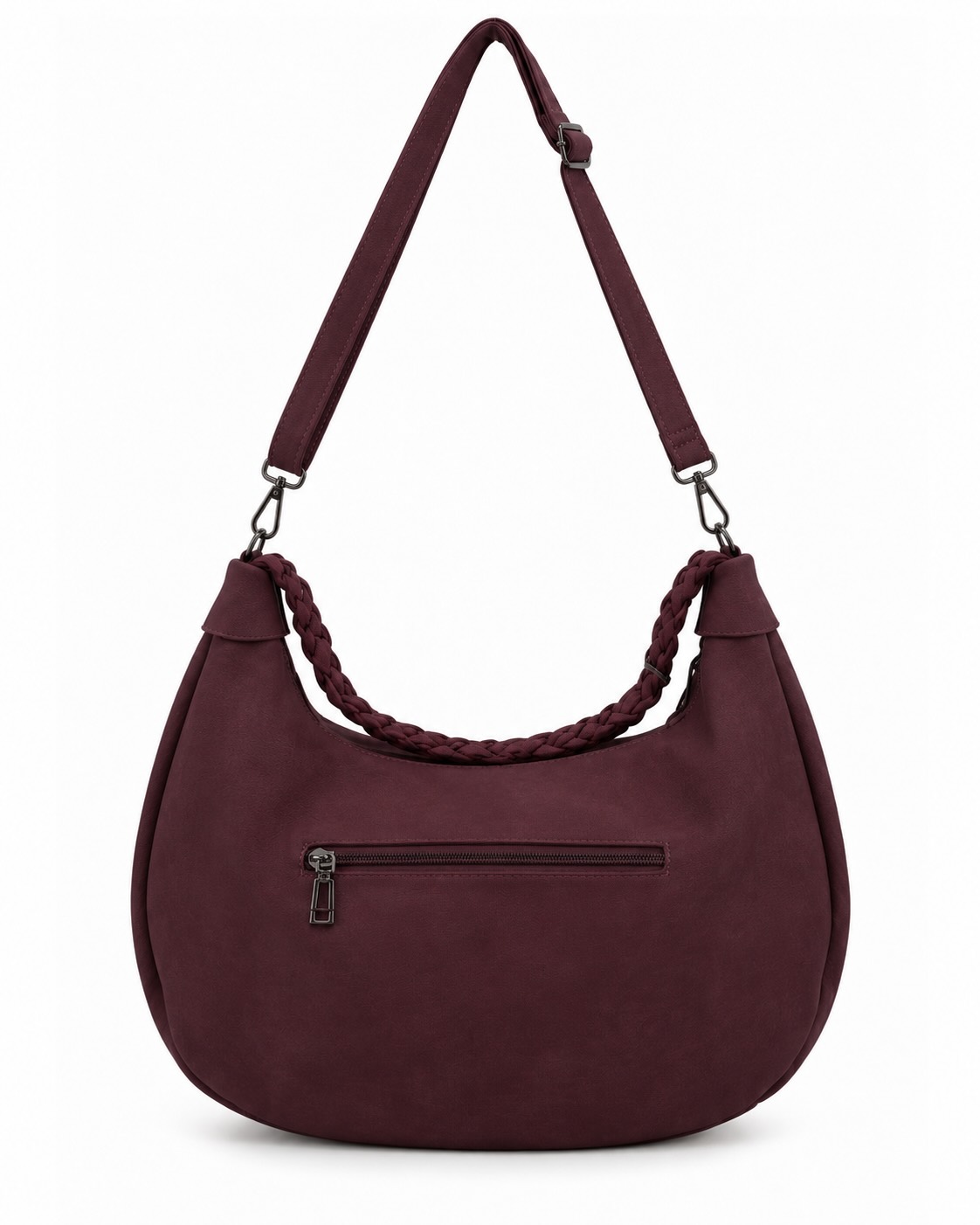 Bolso Nómada burdeos vista de espalda con bolsillo exterior de cremallera