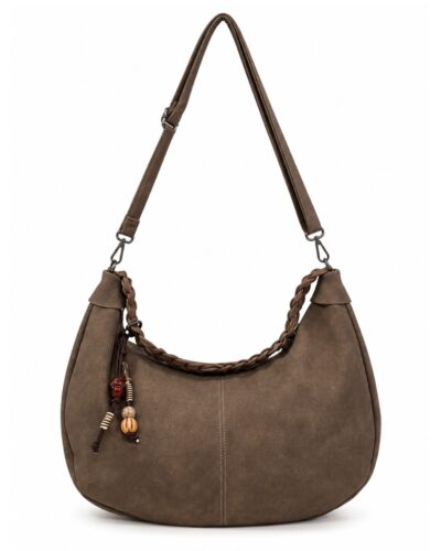 Bolso Nómada topo con asa trenzada, correa regulable y colgante decorativo