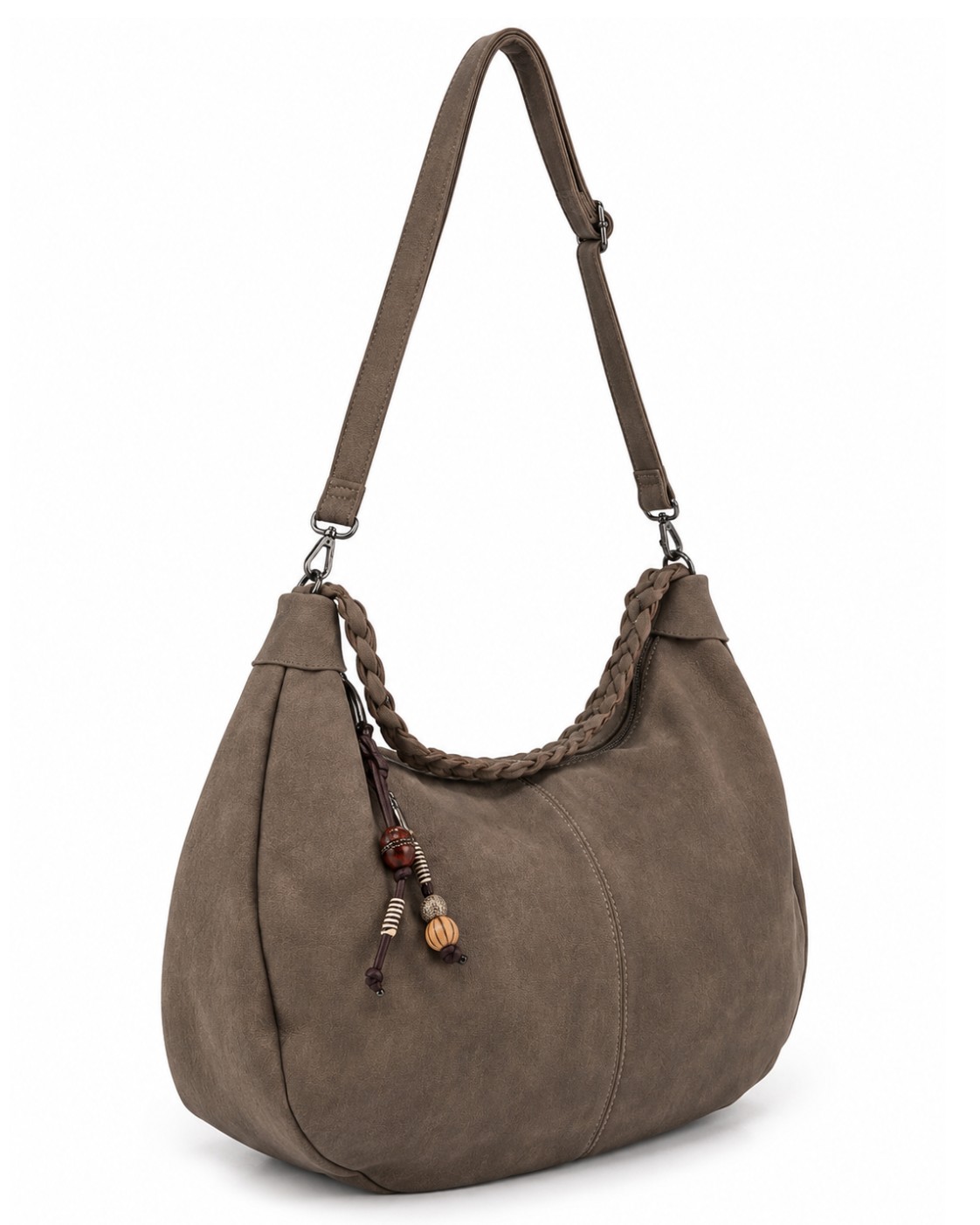 Bolso Nómada topo vista lateral con formato hobo, asa trenzada y acabado efecto piel