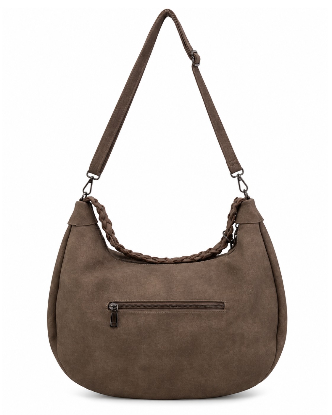 Bolso Nómada topo vista de espalda con bolsillo exterior de cremallera y correa ajustable