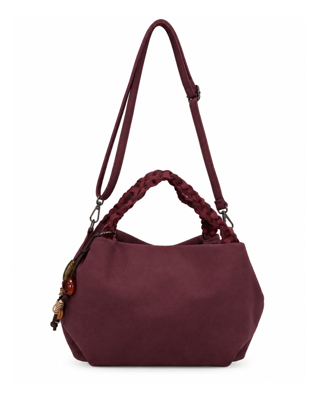 Bolso Soul burdeos con asas trenzadas, bandolera regulable y colgante decorativo
