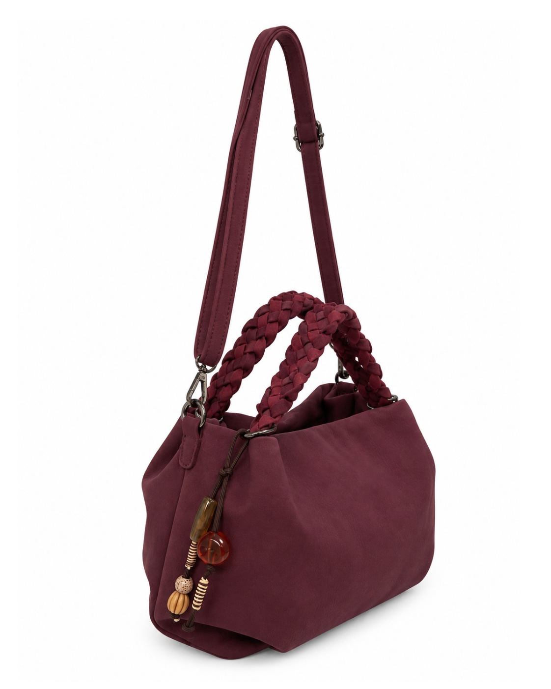 Bolso Soul burdeos vista lateral con asas trenzadas y correa larga ajustable