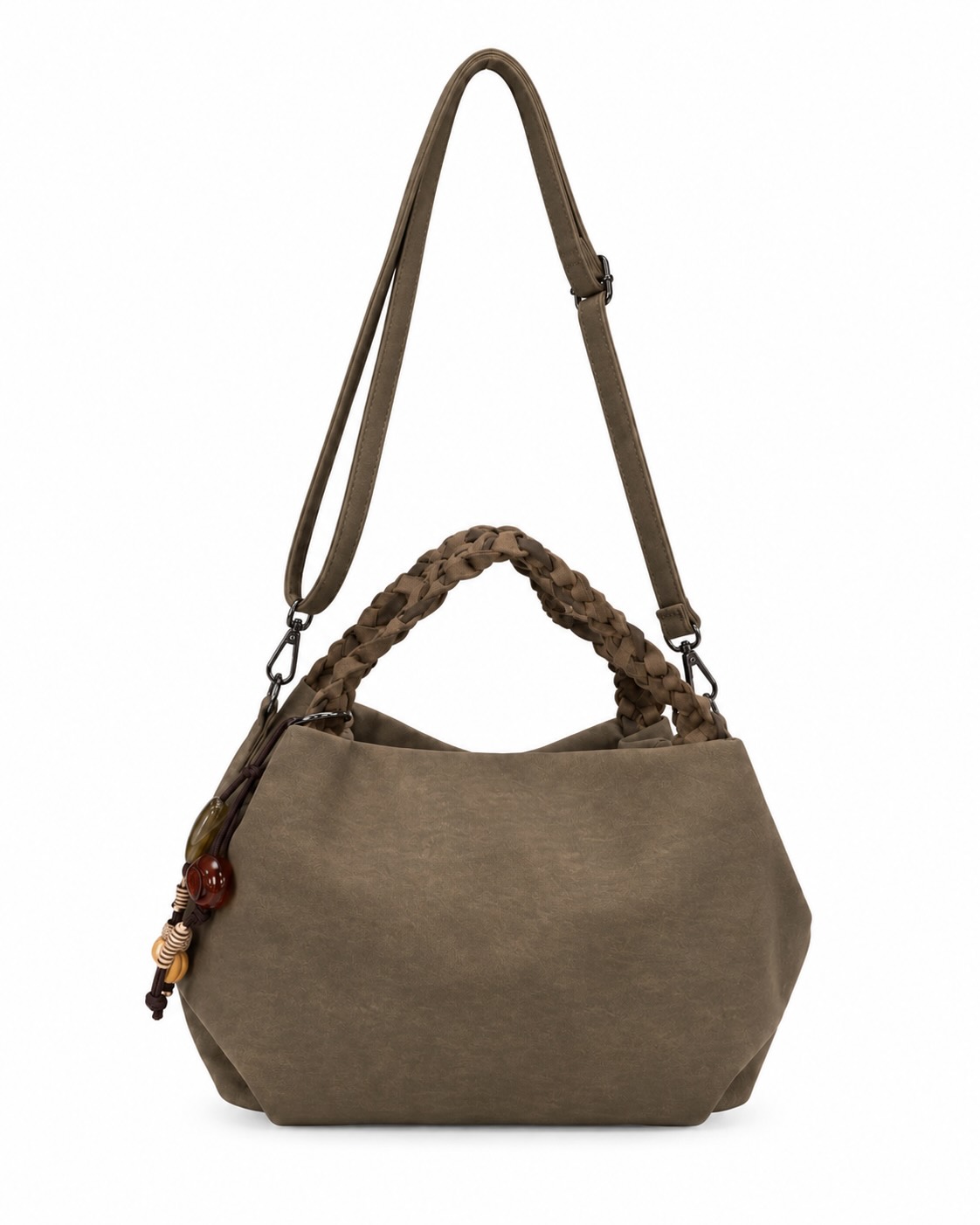 Bolso Soul topo con asas cortas trenzadas, colgante decorativo y correa larga regulable