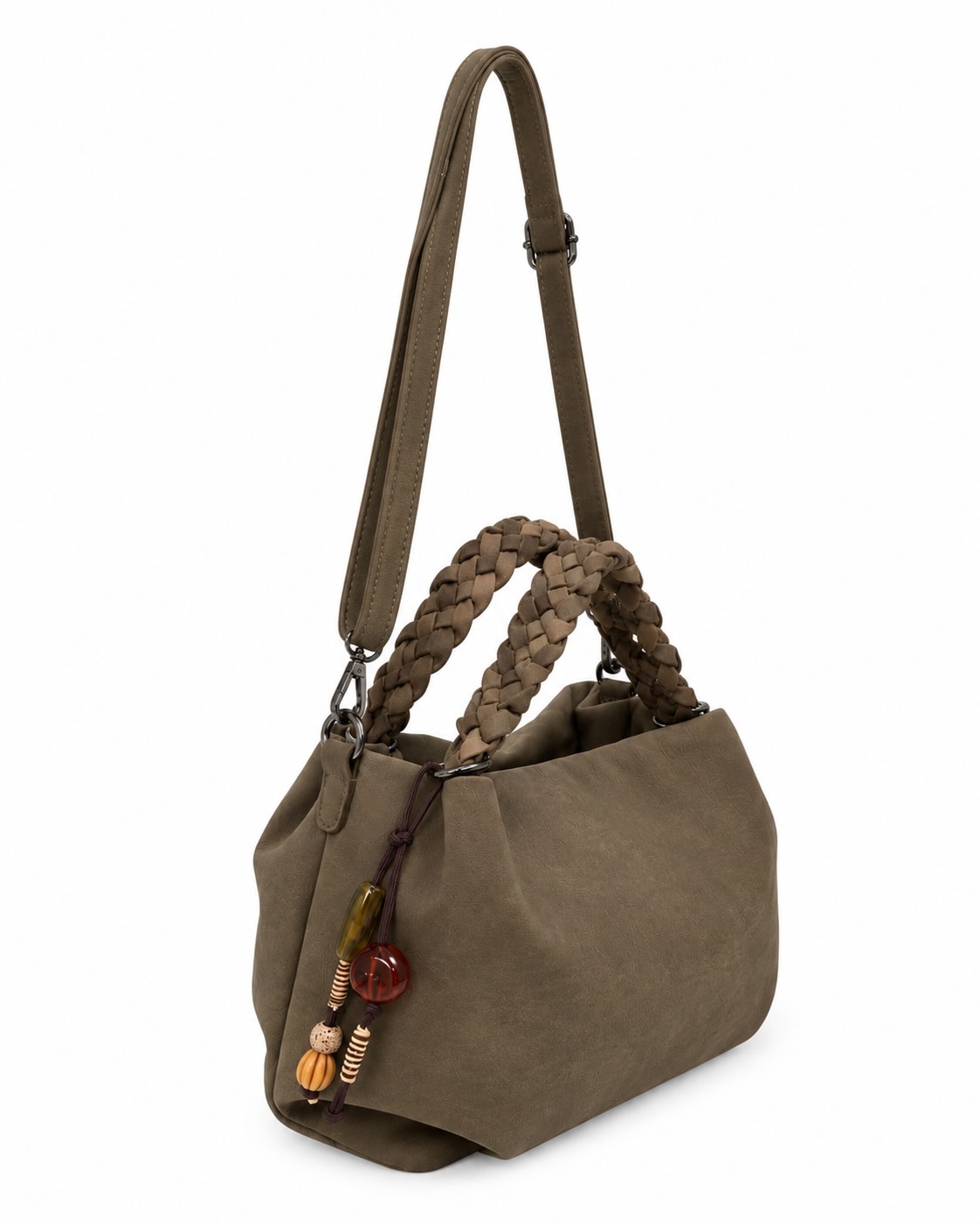 Bolso Soul topo visto de lateral con asas trenzadas y correa larga regulable