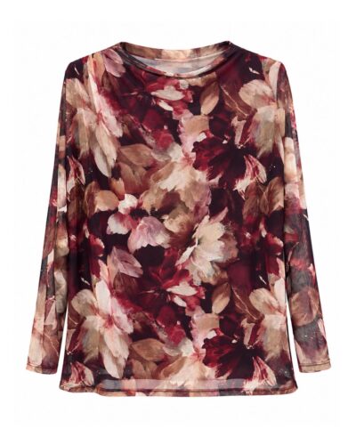 Blusa acuarela burdeos sedosa con estampado floral y delantero forrado