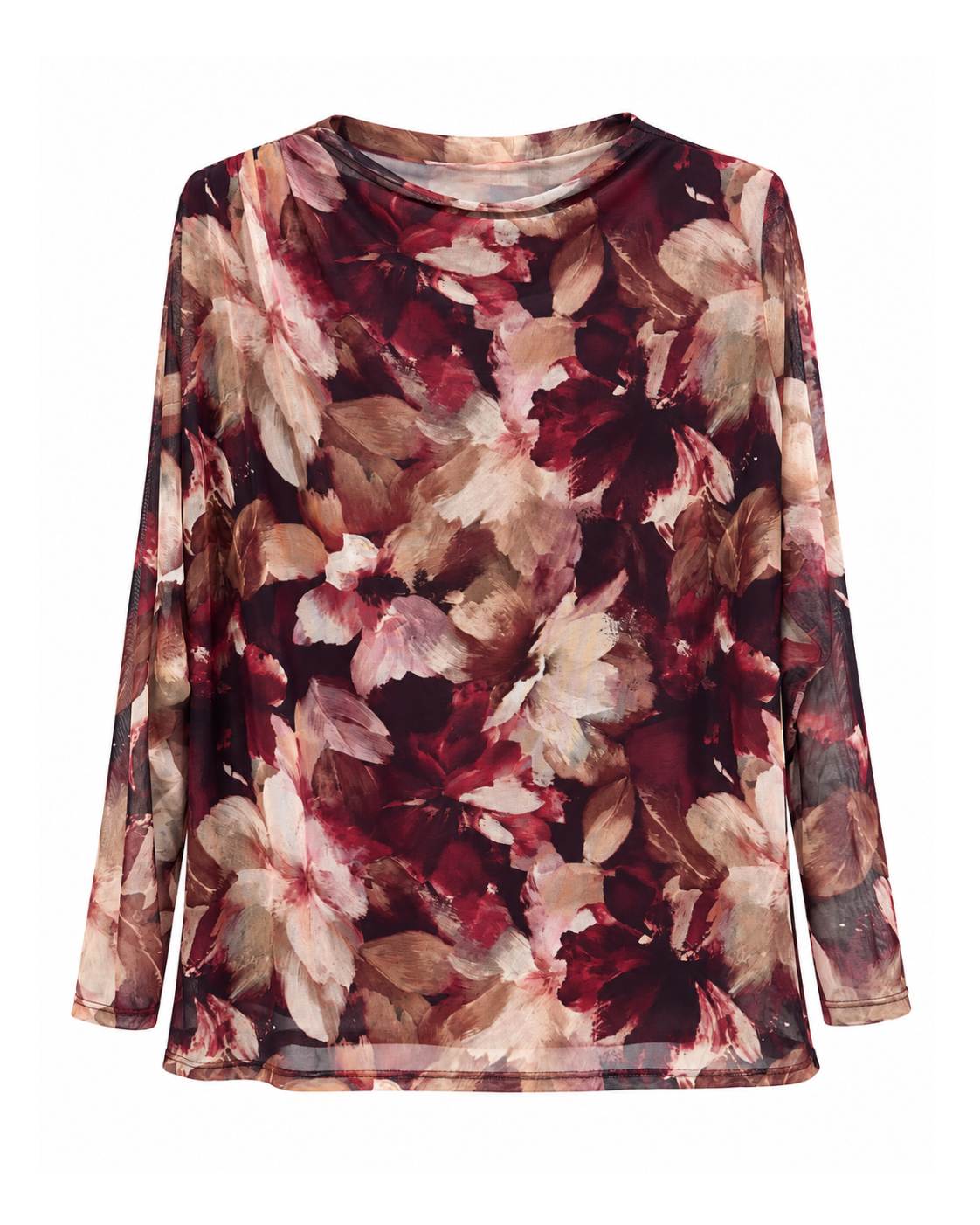 Blusa acuarela burdeos sedosa con estampado floral y delantero forrado