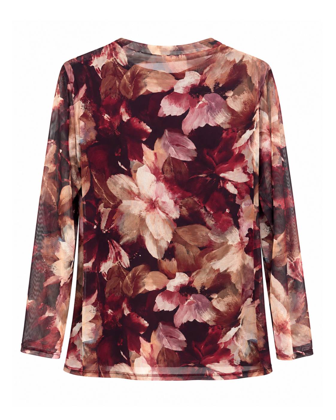 Blusa acuarela burdeos sedosa vista de espalda con estampado floral y tejido de tul