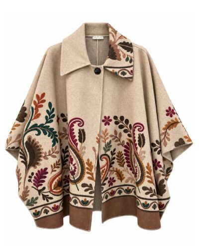 Capa Verona beige con estampado floral multicolor, cuello camisero y cierre delantero