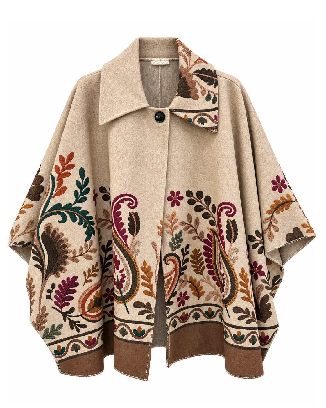 Capa Verona beige con estampado floral multicolor, cuello camisero y cierre delantero