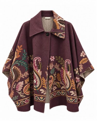 Capa Verona burdeos con estampado floral multicolor, cuello camisero y cierre delantero