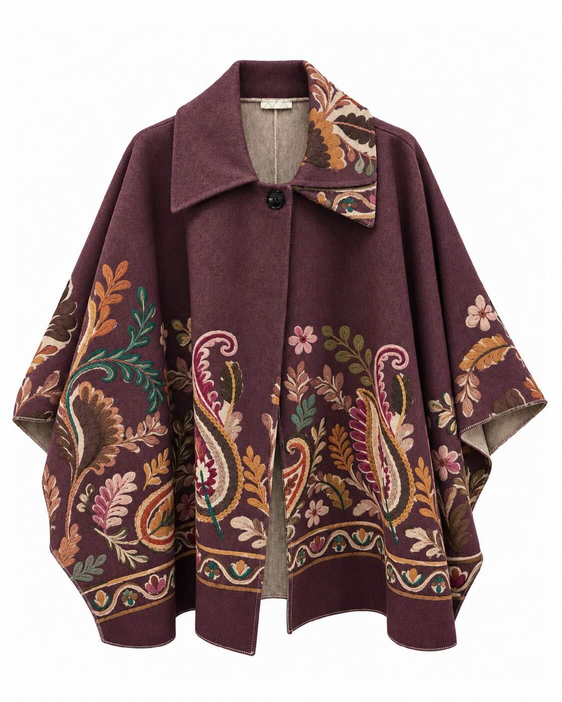 Capa Verona burdeos con estampado floral multicolor, cuello camisero y cierre delantero