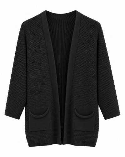 Cárdigan crochet negro abierto con bolsillos delanteros y punto de tacto lanoso
