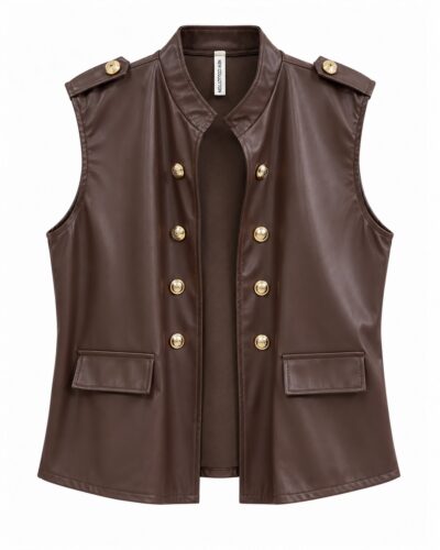 Chaleco militar efecto piel chocolate con botones dorados y tapetas decorativas