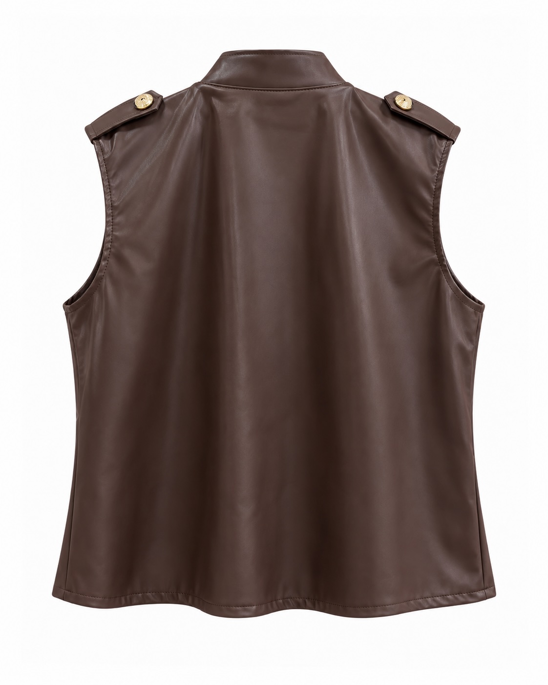 Chaleco militar efecto piel chocolate vista de espalda con hombreras y corte amplio