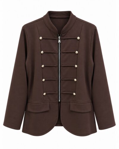 Chaqueta alamares chocolate mujer en punto roma con botones dorados, cremallera y bolsillos