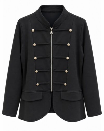 Chaqueta alamares negra con cremallera central y botones metálicos de inspiración militar