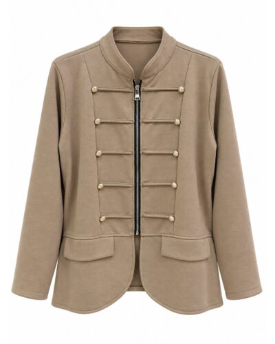 Chaqueta alamares topo con cremallera, botones decorativos y detalle militar delantero