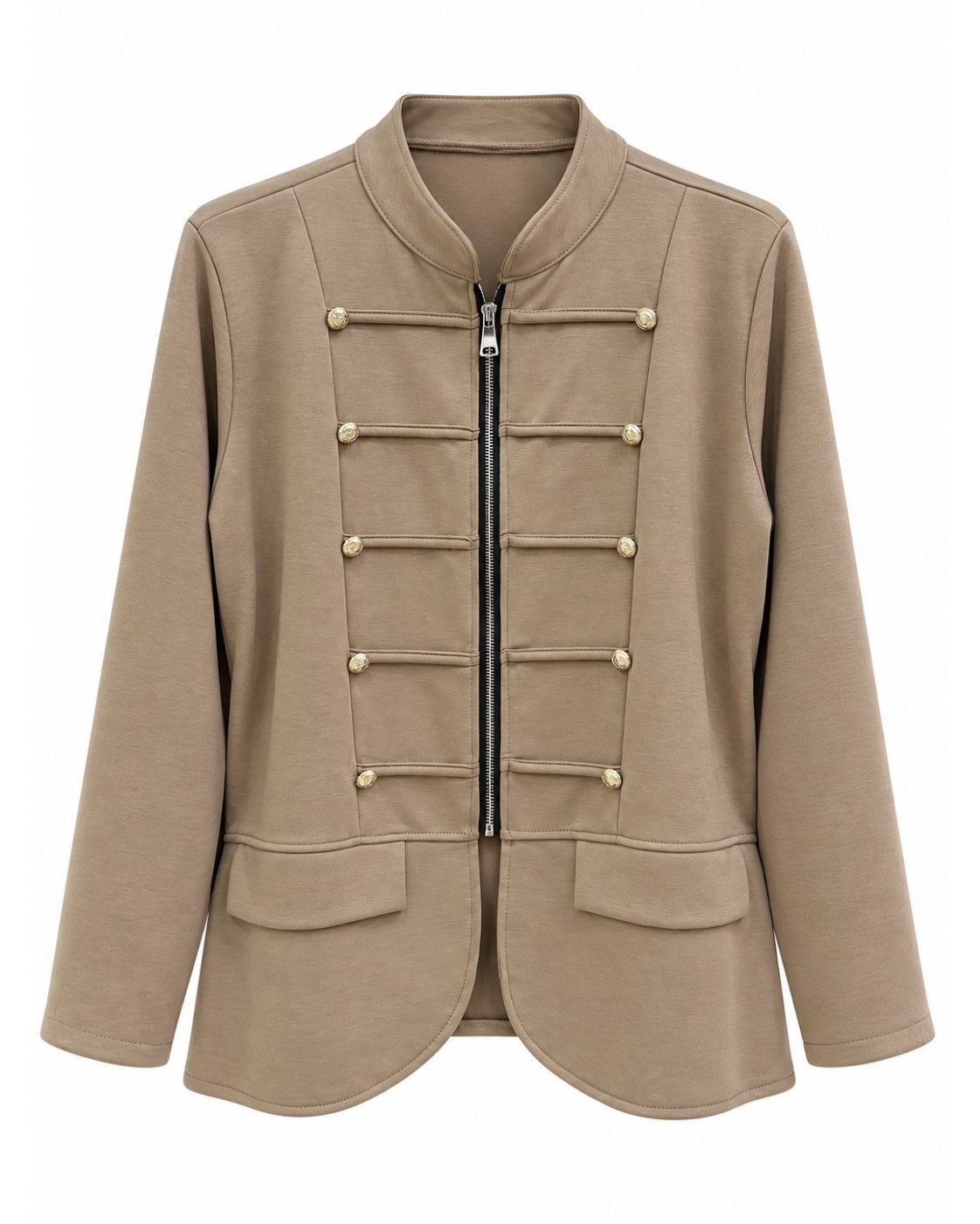 Chaqueta alamares topo con cremallera, botones decorativos y detalle militar delantero