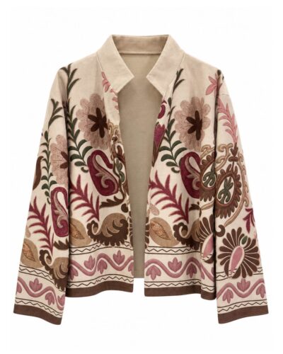 Chaqueta boho print beige de mujer con estampado floral, tejido efecto ante y cuello abierto