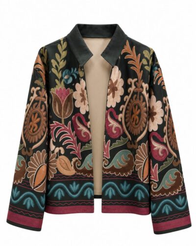 Chaqueta boho print verde bosque efecto ante con estampado floral y paisley