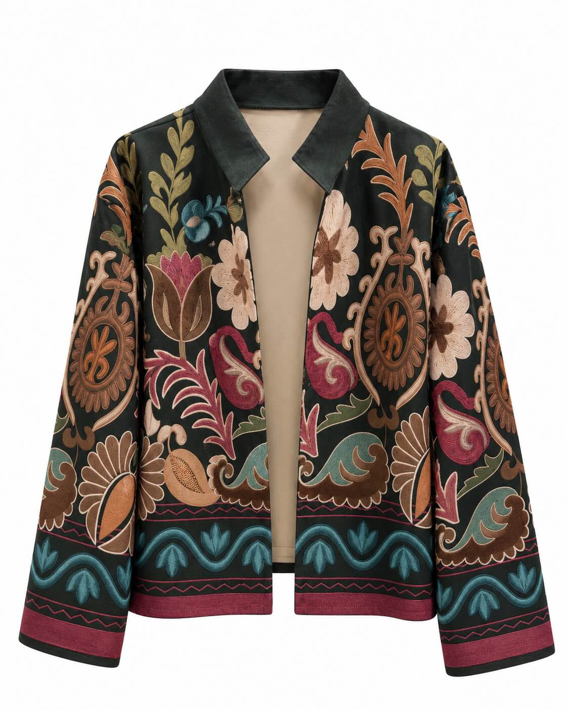 Chaqueta boho print verde bosque efecto ante con estampado floral y paisley
