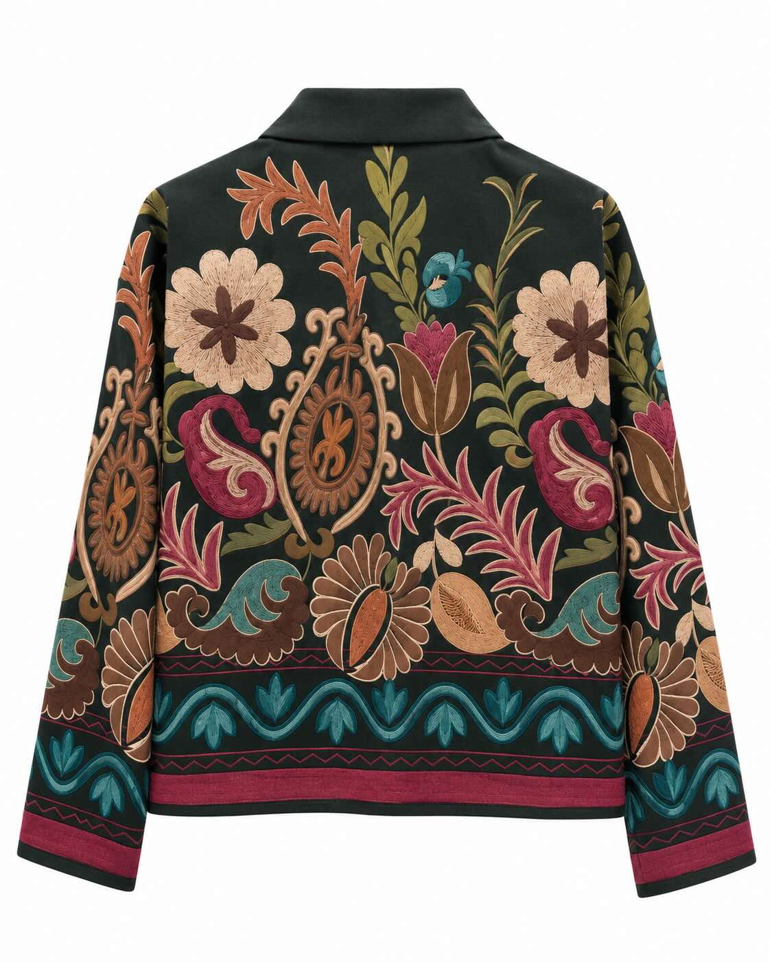 Chaqueta boho print verde bosque vista de espalda con estampado floral y paisley