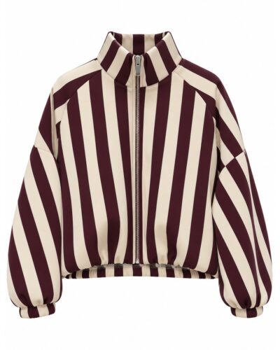 Cazadora Bomber Rayas burdeos y beige con cuello alto, cremallera frontal y bolsillos