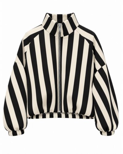 Cazadora Bomber Rayas negra y beige con cuello alto, cremallera frontal y bolsillos