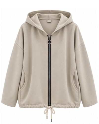 Chaqueta casual beige de neopreno con capucha, cremallera frontal y bolsillos