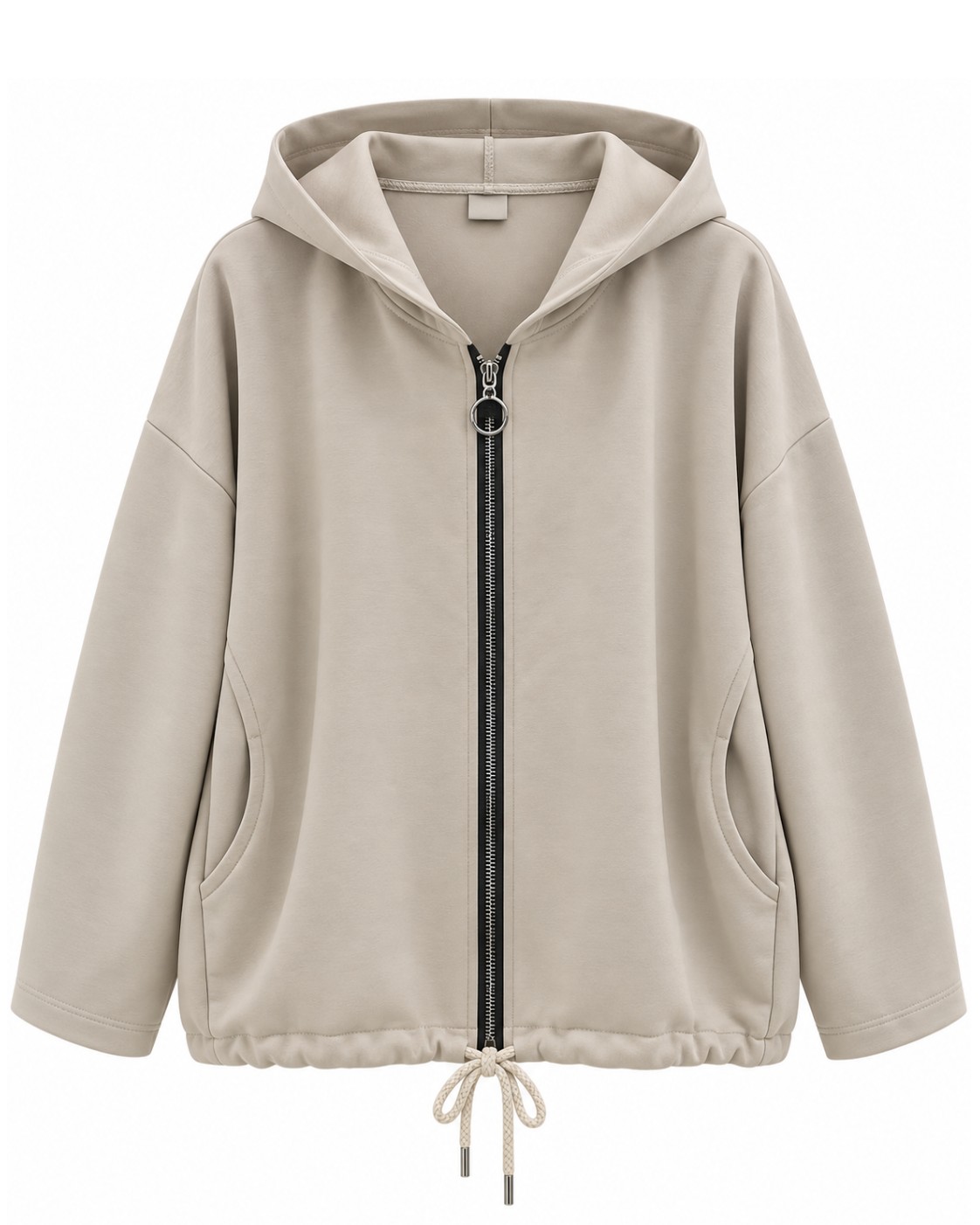 Chaqueta casual beige de neopreno con capucha, cremallera frontal y bolsillos