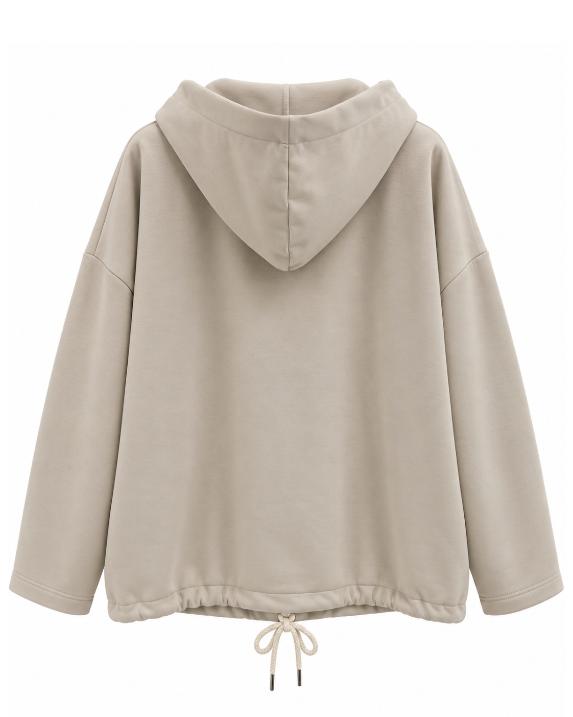 Chaqueta casual beige de neopreno vista de espalda con capucha y corte amplio