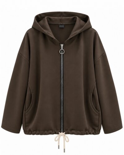 Chaqueta casual chocolate con capucha, cremallera frontal y bajo ajustable