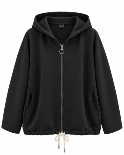 Chaqueta casual negra con capucha, cremallera metálica y bajo ajustable