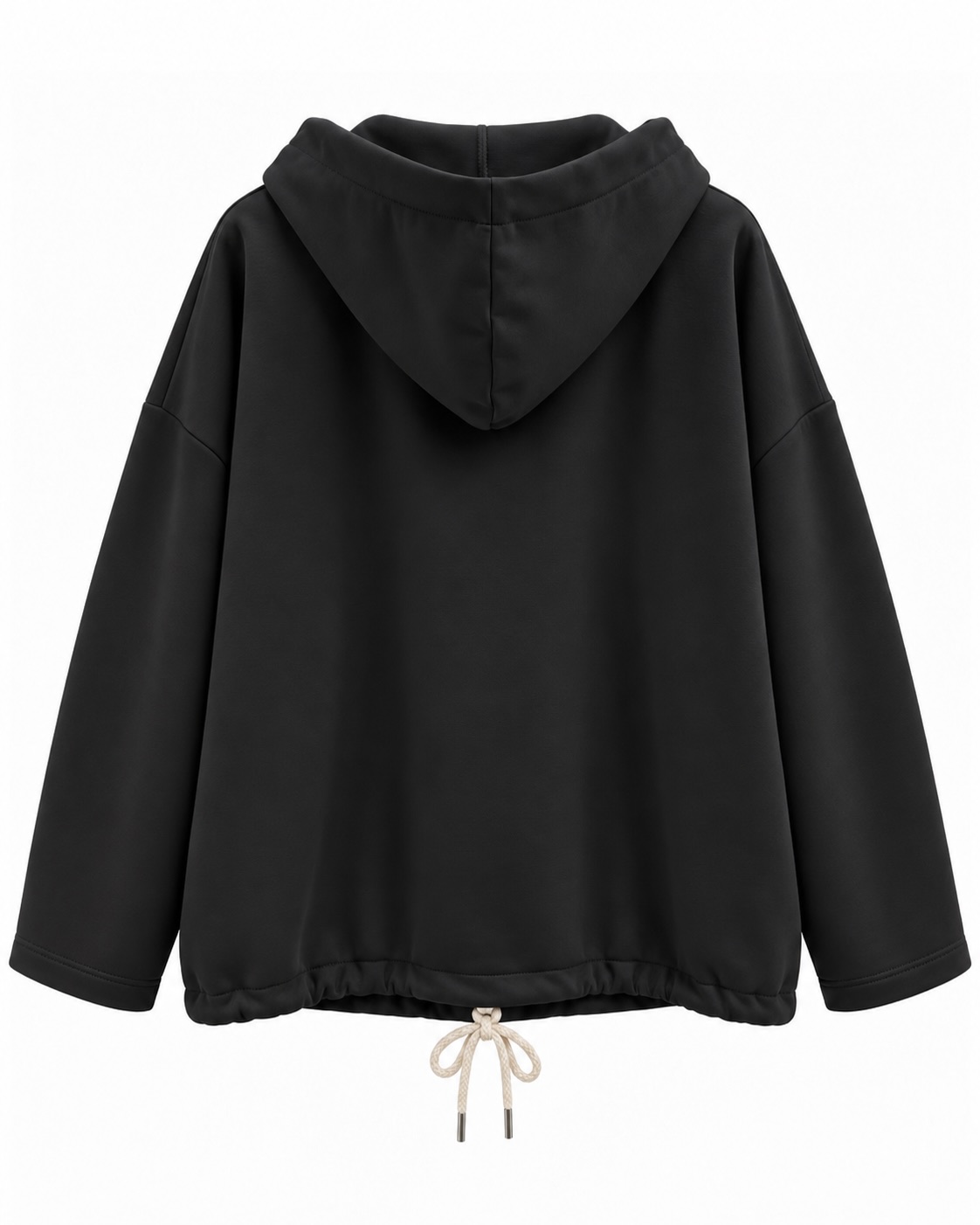 Chaqueta casual negra con capucha vista de espalda y silueta amplia