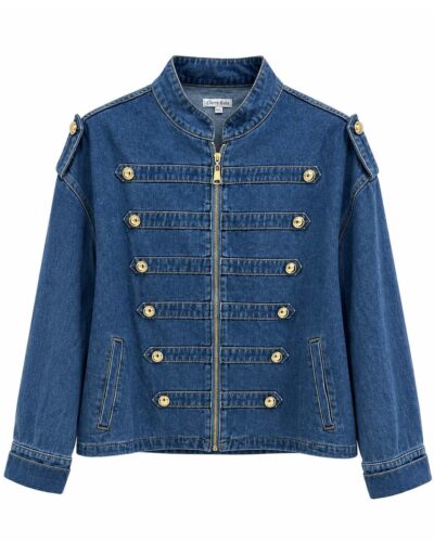 Chaqueta denim militar mujer con cremallera y botones dorados