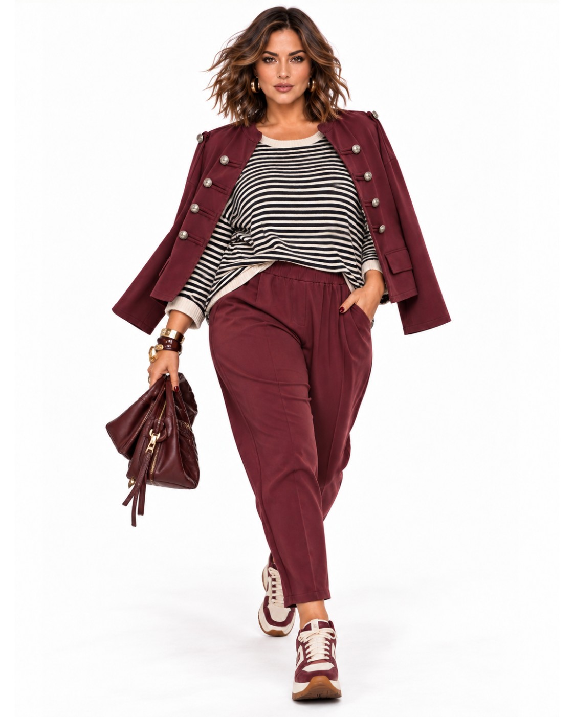 Look completo Jersey Cozy rayas negro curvy de manga larga con rayas horizontales y cuello a contraste