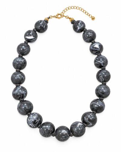 Collar chunky negro mujer con grandes cuentas veteadas y cadena extensora dorada