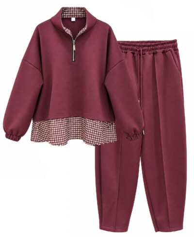 Conjunto Vichy burdeos mujer con sudadera de detalle a cuadros y pantalón de cintura elástica
