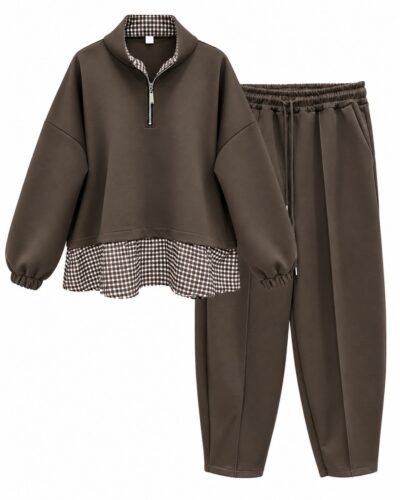 Conjunto Vichy chocolate delantero con sudadera combinada de cuadros y pantalón jogger