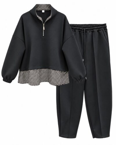 Conjunto Vichy negro delantero con sudadera de volante a cuadros y pantalón jogger