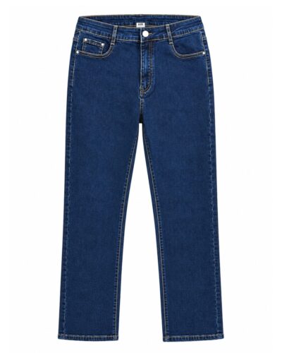 Jeans straight azul oscuro de mujer con pernera recta y cinco bolsillos
