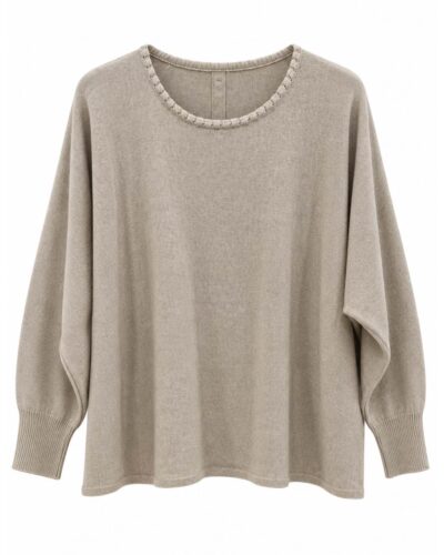 Jersey Botones Espalda beige de punto con cuello redondo, manga larga y corte amplio