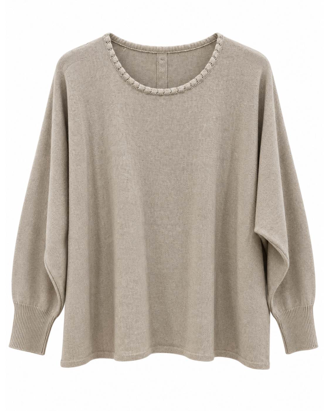 Jersey Botones Espalda beige de punto con cuello redondo, manga larga y corte amplio