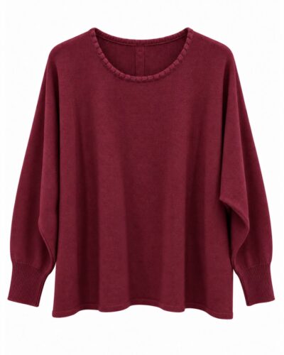 Jersey Botones Espalda burdeos de punto con cuello redondo, manga larga y corte amplio