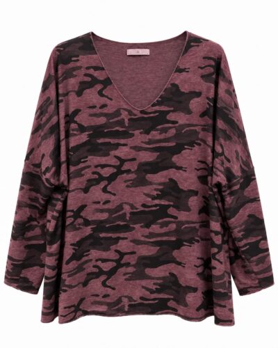 Jersey camuflaje burdeos suave con escote pico y corte amplio