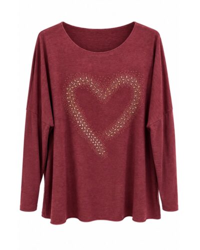 Jersey corazón burdeos con aplicaciones brillantes, escote redondo y corte amplio