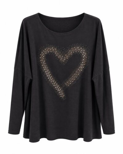 Jersey corazón negro con aplicaciones brillantes y escote redondo