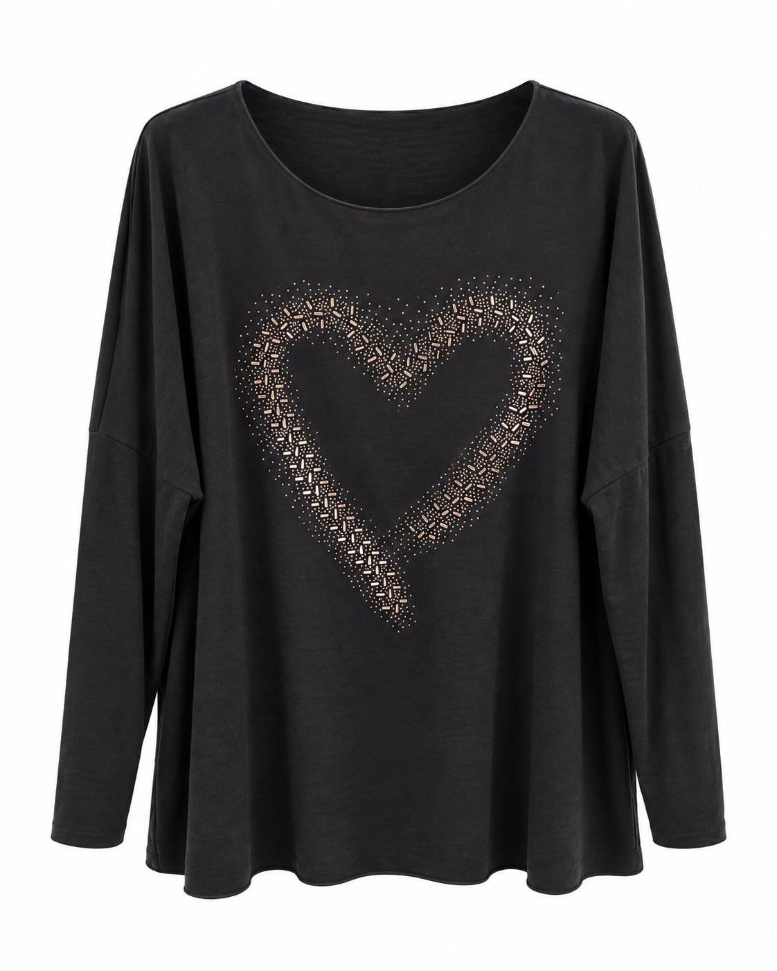Jersey corazón negro con aplicaciones brillantes y escote redondo
