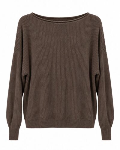 Jersey Esencia chocolate de punto fino con cuello amplio y manga larga