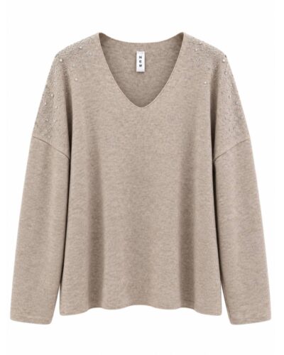 Jersey Strass beige de mujer con escote pico y aplicaciones brillantes en los hombros